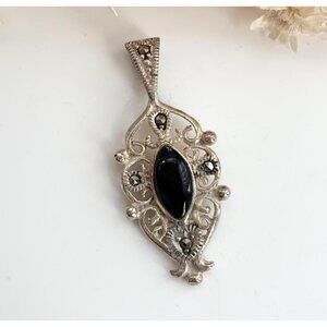 Art Deco Black Onyx Sterling Silver Modernist Marcasite 925 Vintage Pendant